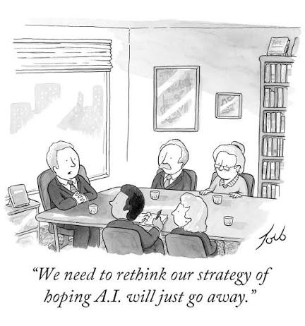 Cartoon boardroom captioned We need to rethink our strategy of hoping A.I. will just go away.